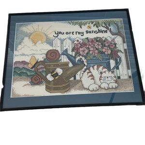 Counted Cross Stitch Picture Handmade Framed You Are My Sunshine and Cat